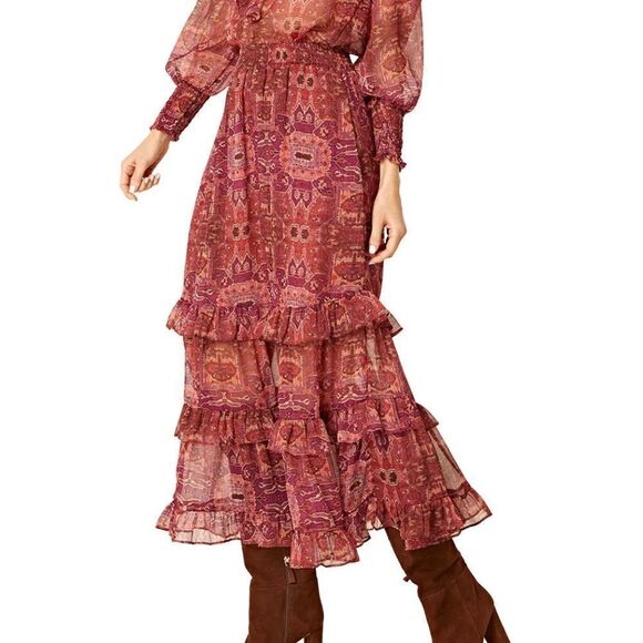 Misa Emanuela Septima Tapestry Burgundy Ruffle Maxi Skirt | Size M - Picture 1 of 9